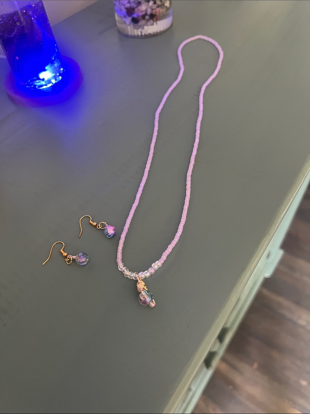 Handmade Lilac Seed Bead Necklace & Earrings Set